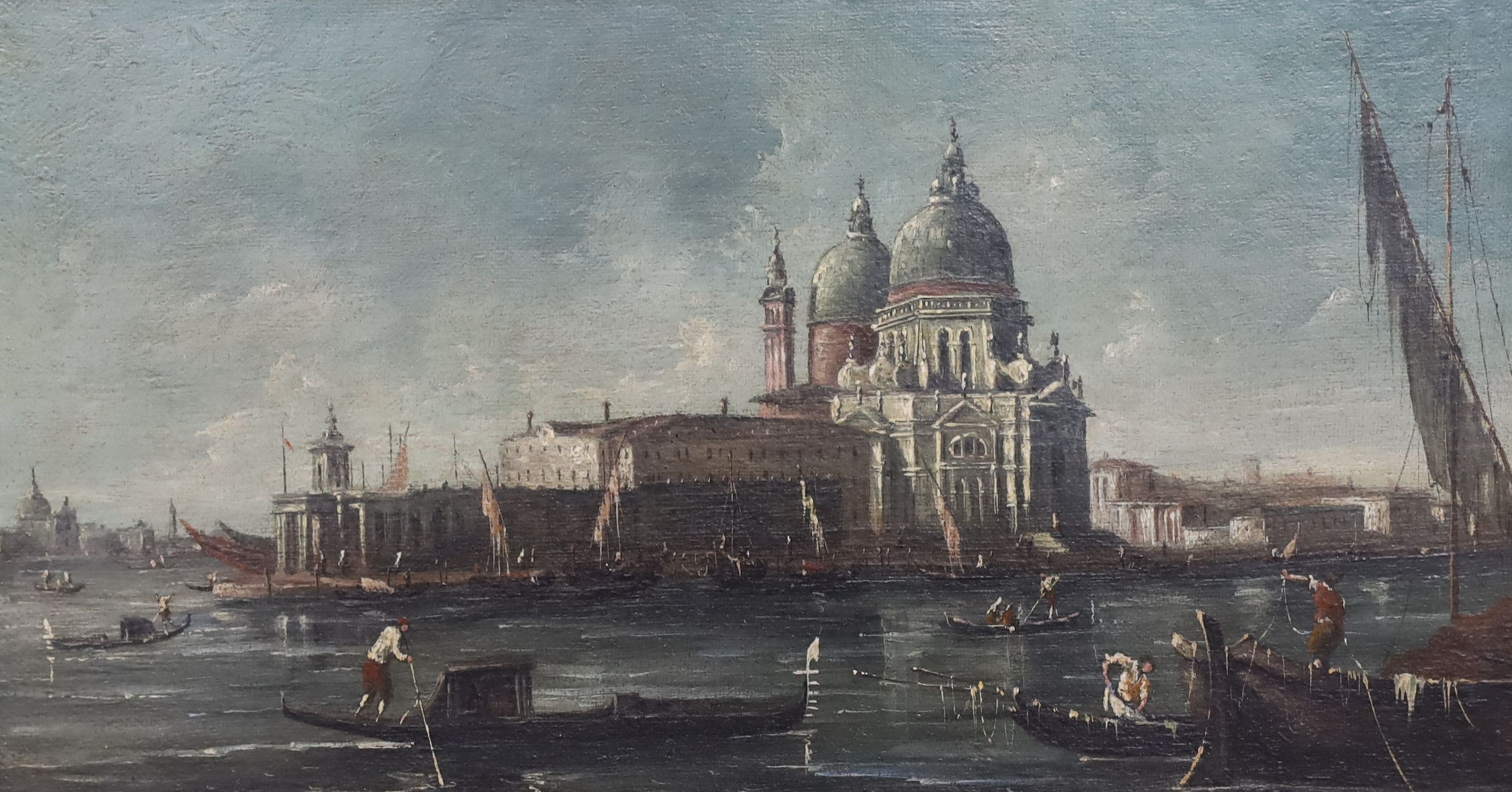 After Francesco Guardi (Italian, 1712-1793), Views of Venice, oil on canvas, a pair, 24 x 44.5cm